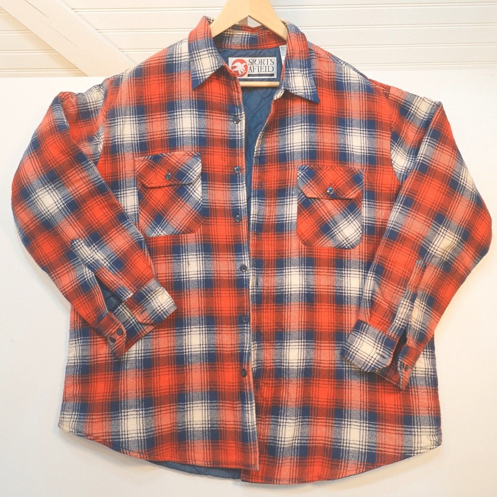 Vintage Sports Afield Plaid Flannel Jacket Men's XL Quilted Lined Red Blue Coat